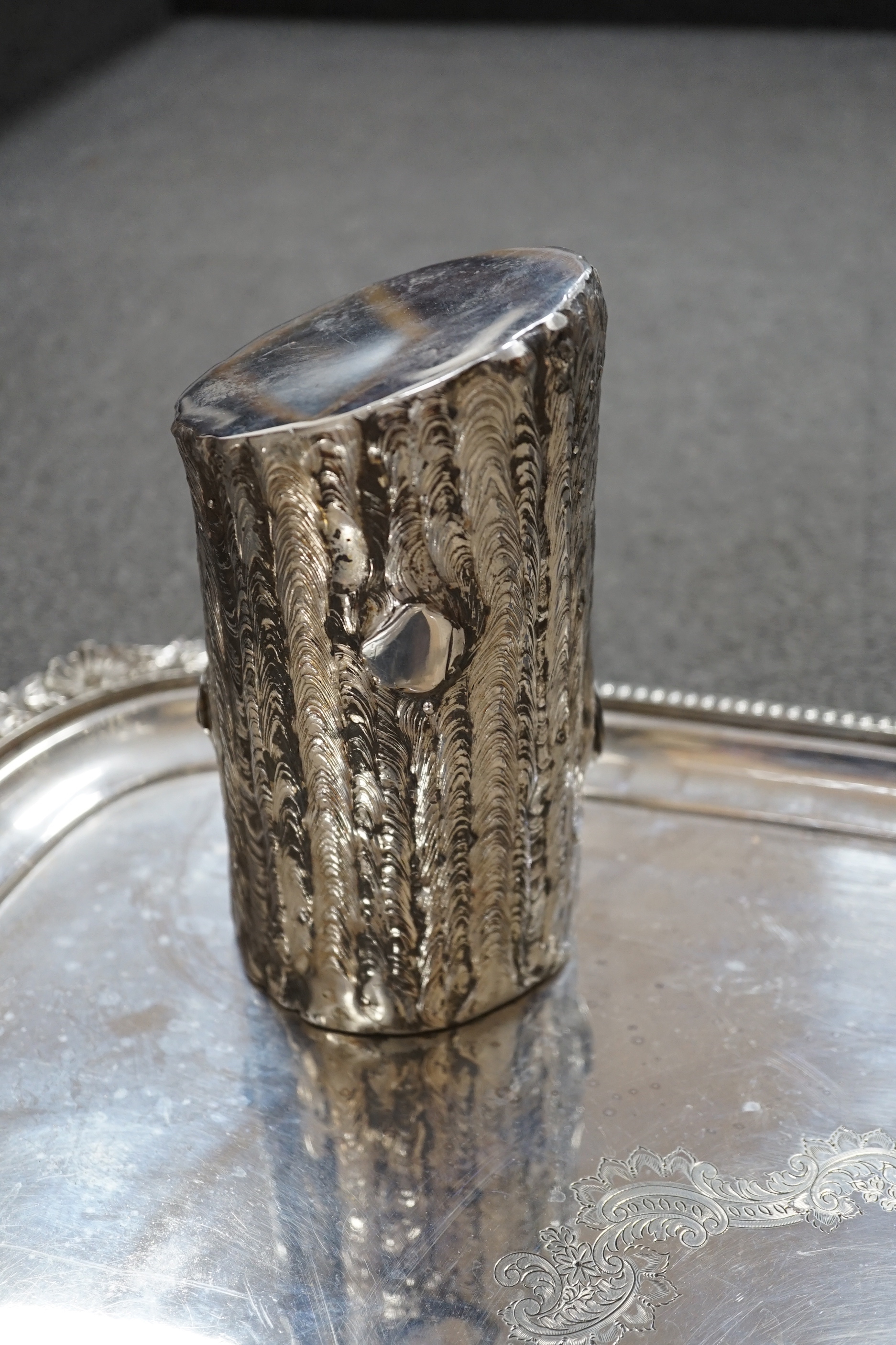 A Walker and Hall silver plated tray and a ‘tree trunk’ paperweight, tray length 72cm